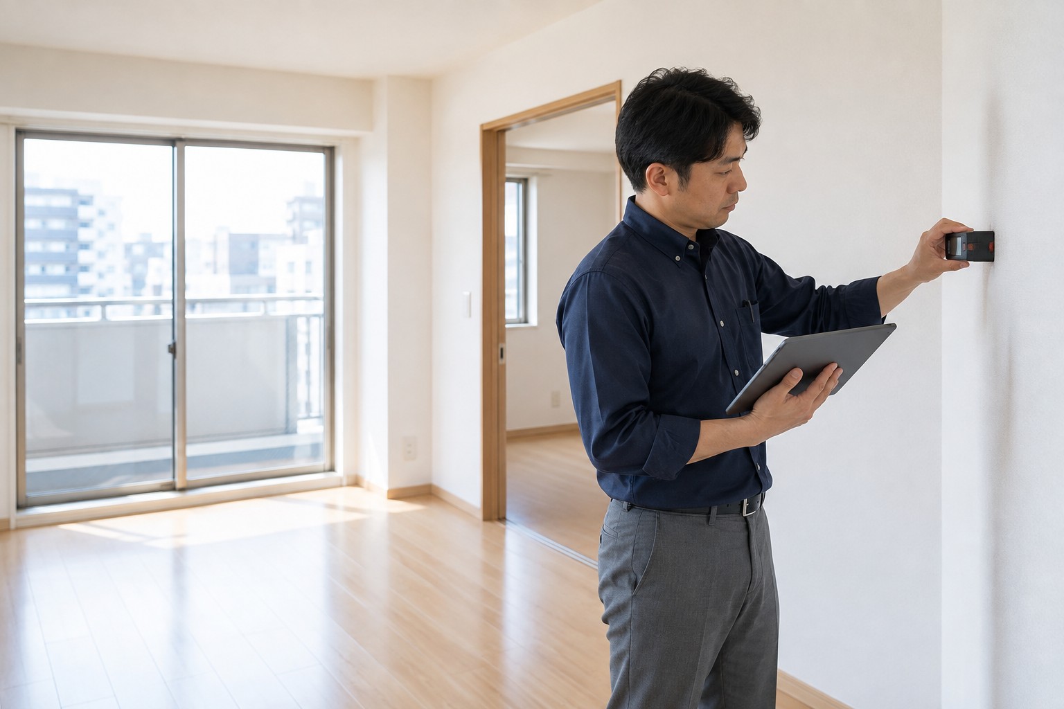 日本の賃貸マンションで室内の状態を確認する業務担当者の仕事イメージ