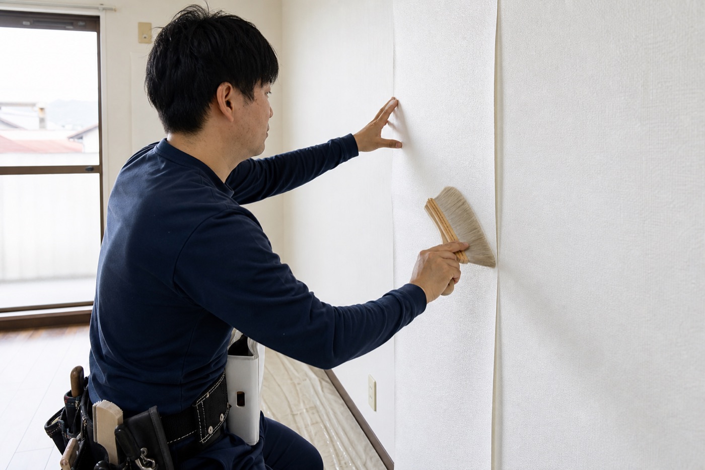 賃貸マンションの室内で壁紙を施工する職人